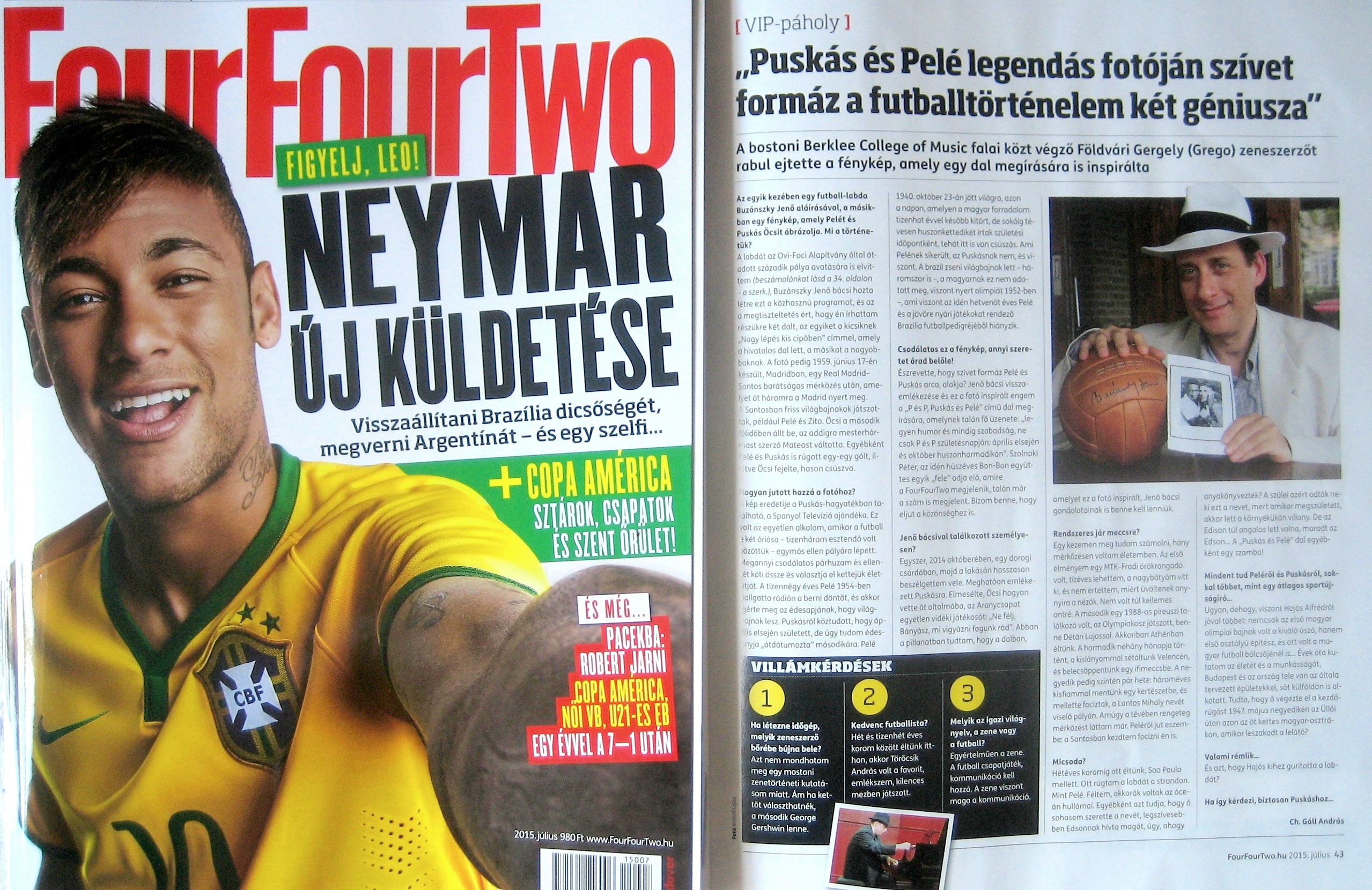 FourFourTwo magazine spread with Grego holding the signed football and the photograph of Puskás and Pelé