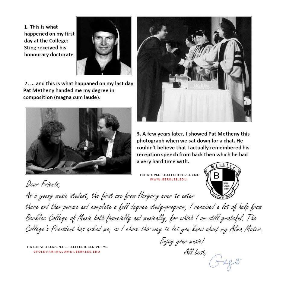 Card showing Sting receiving an honorary doctorate, Pat Metheny handing Grego his degree, and the two of them talking some years later