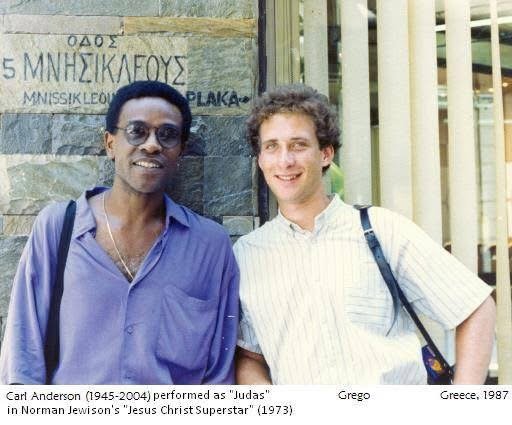 Grego with the singer Carl Anderson in a street in the Plaka, Athens