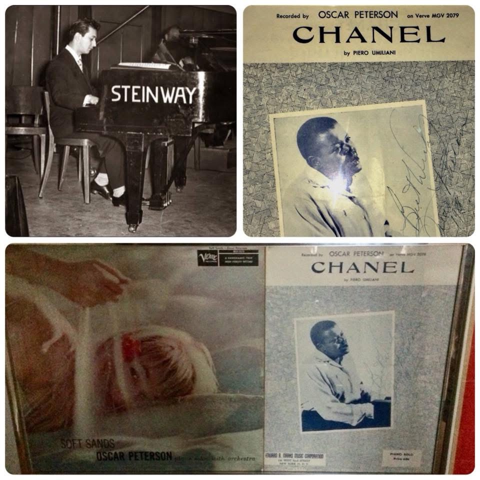 Piero Umiliani at a Steinway, the signed Oscar Peterson sheet music of Chanel, and the Soft Sands sleeve on Verve