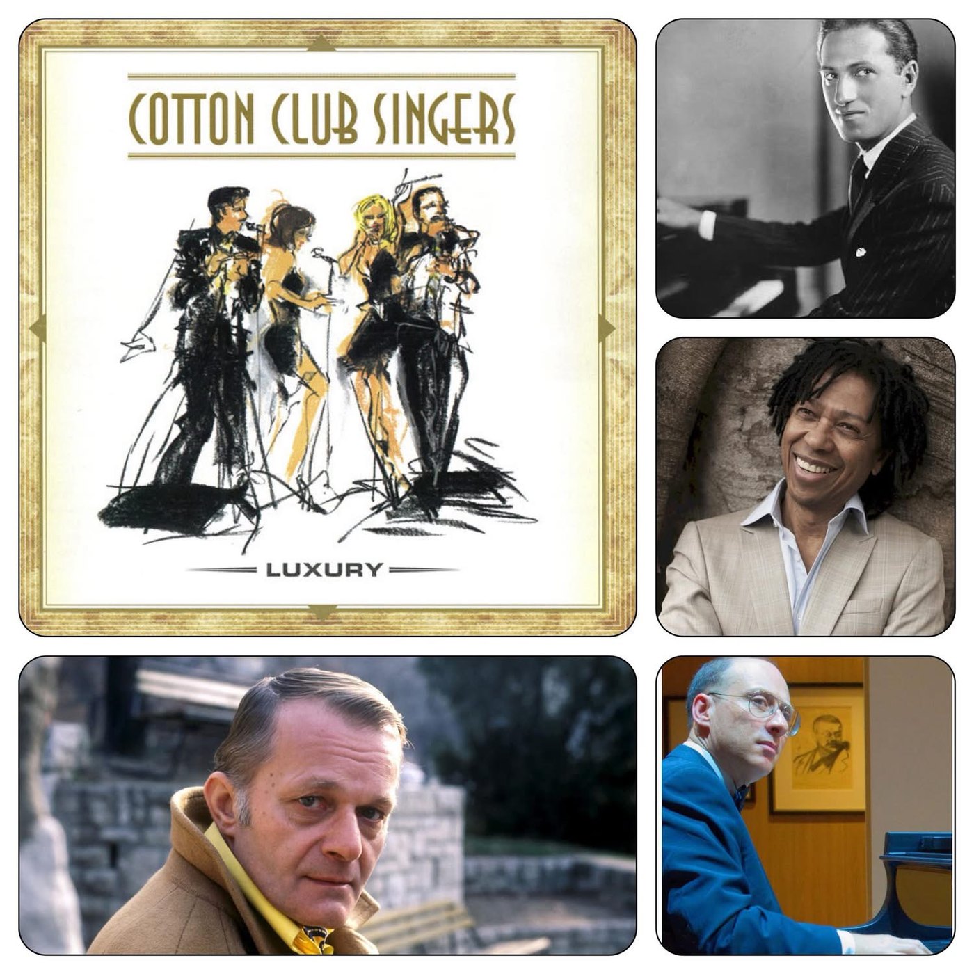 Sleeve of the Cotton Club Singers album Luxury with portraits of George Gershwin, Djavan, Zoltán Latinovits and Grego at the piano