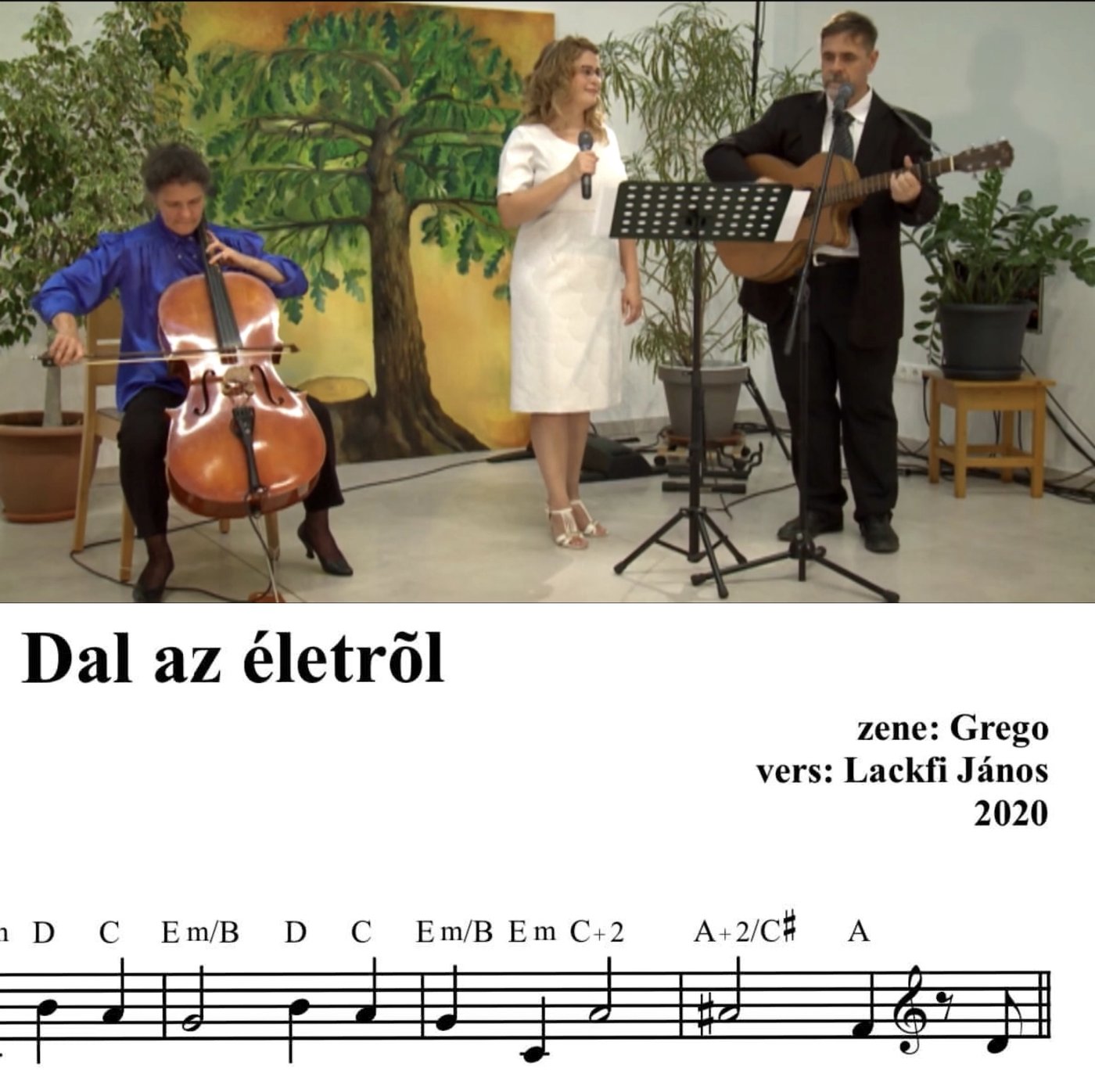 A cellist, a singer and a guitarist performing in a small hall, with the title and opening bars of the melody printed below