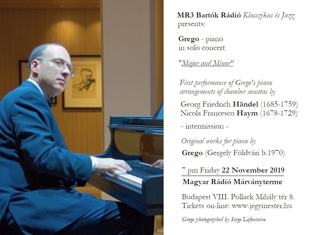 English poster for Major and Minor, with a photograph of Grego at the piano by Serge Lafontaine