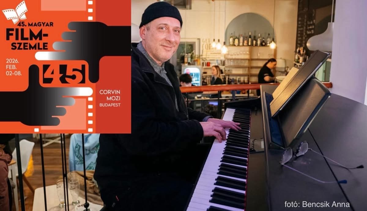 Grego at an electric piano in a cafe, beside the poster of the 45th Magyar Filmszemle