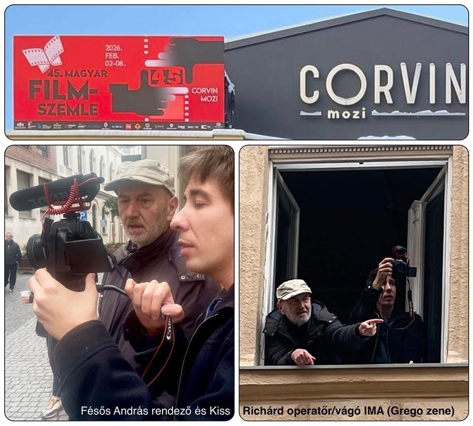 Corvin Mozi with the festival banner, director András Fésős and Richárd Kiss filming in the street