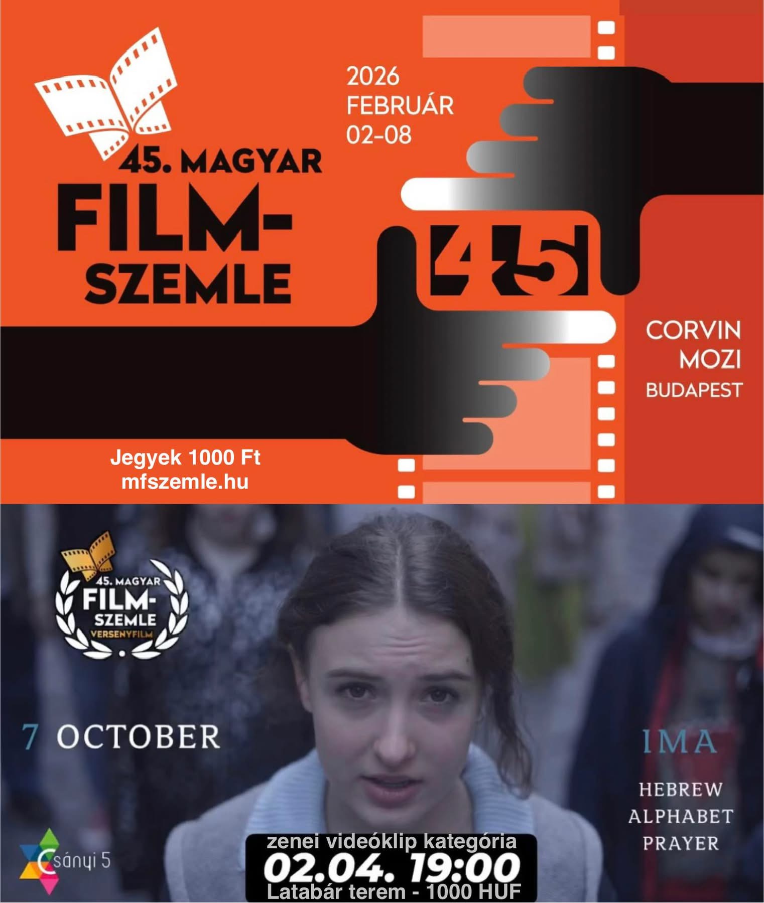 45th Magyar Filmszemle poster above a still from IMA with the competition laurel and screening time