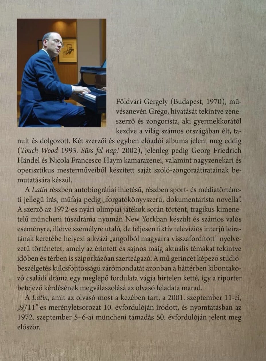 The back cover of Latin, with a photograph of Grego at the piano above the publisher’s text