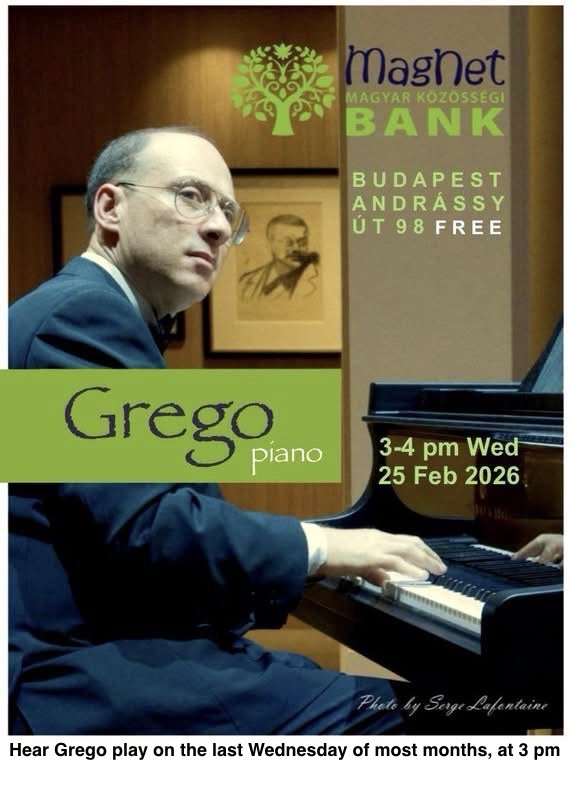 Poster showing Grego at a grand piano, with the MagnetBank logo and the concert details
