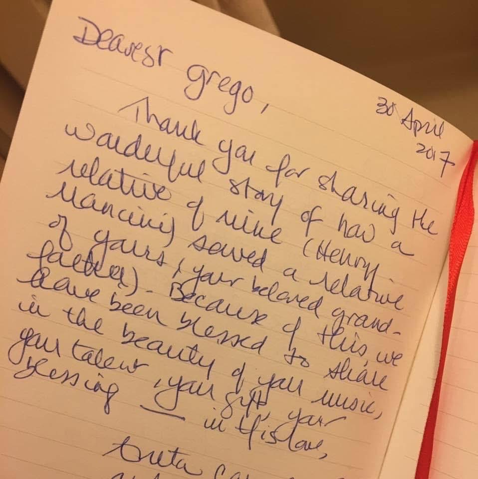 Handwritten note dated 30 April 2017 thanking Grego for sharing the story