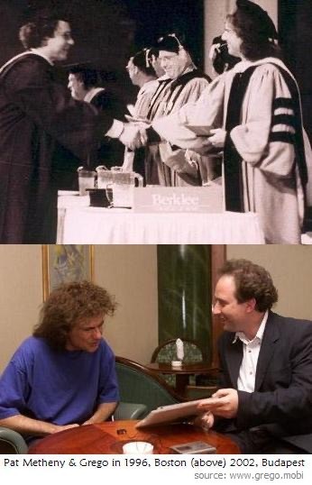Two photographs, one above the other: Pat Metheny handing Grego his degree in 1996, and the two of them talking at a table in 2002