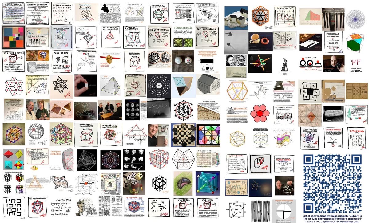 Dense grid of hand-drawn geometric and number-theory sketches, polyhedra, formulas and models