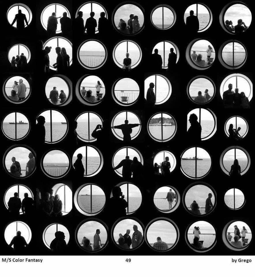 Grid of forty-nine photographs of passengers seen through a porthole