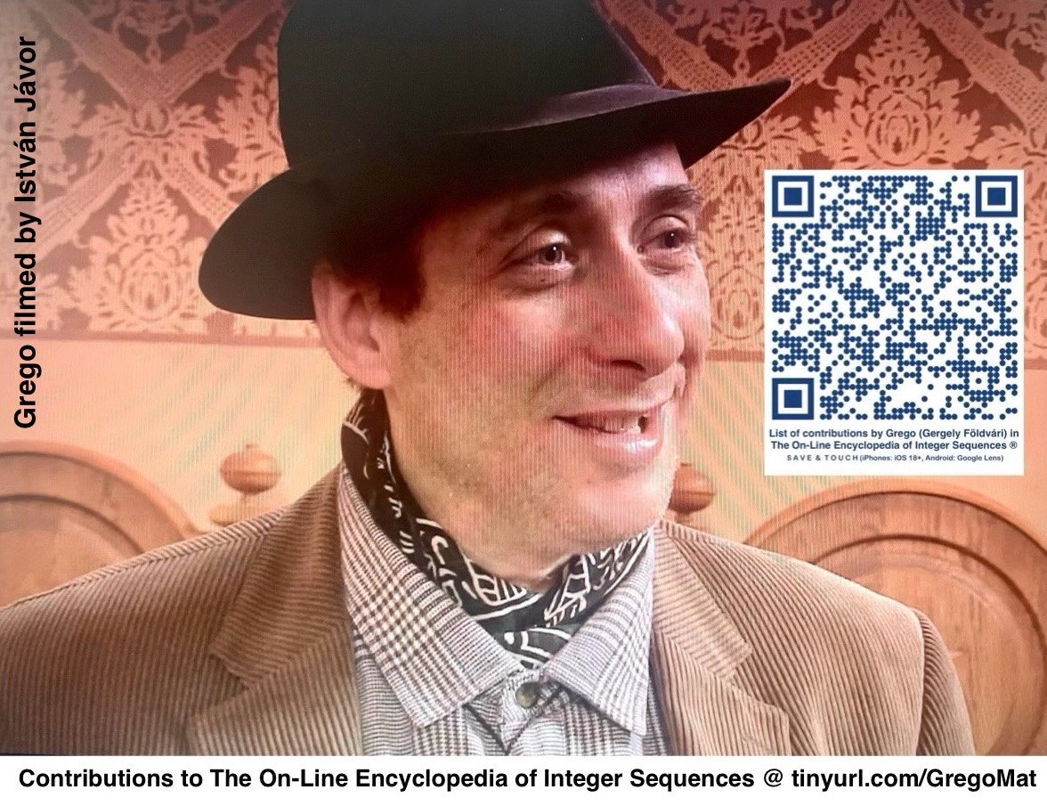 Grego in a bowler hat speaking to camera, with a QR code card listing his contributions to the On-Line Encyclopedia of Integer Sequences