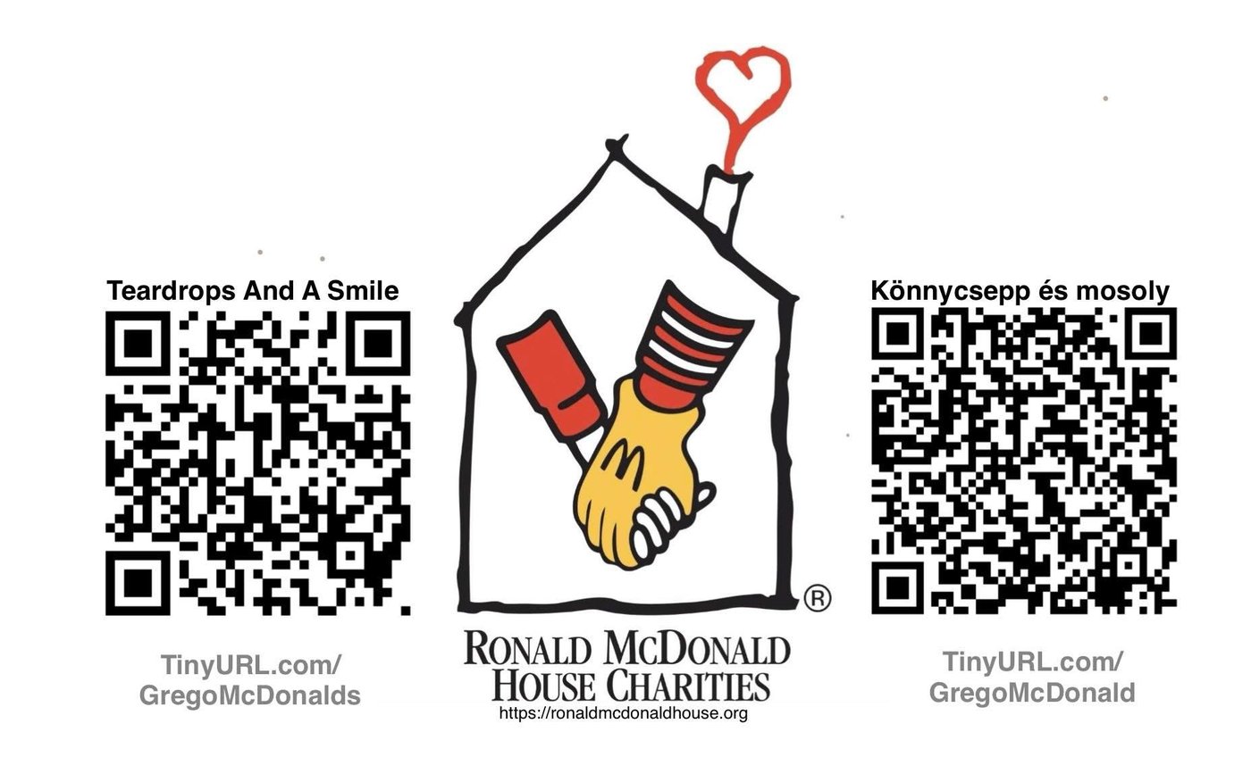 Card with the Ronald McDonald House Charities logo between two QR codes, one for Teardrops And A Smile and one for Könnycsepp és mosoly