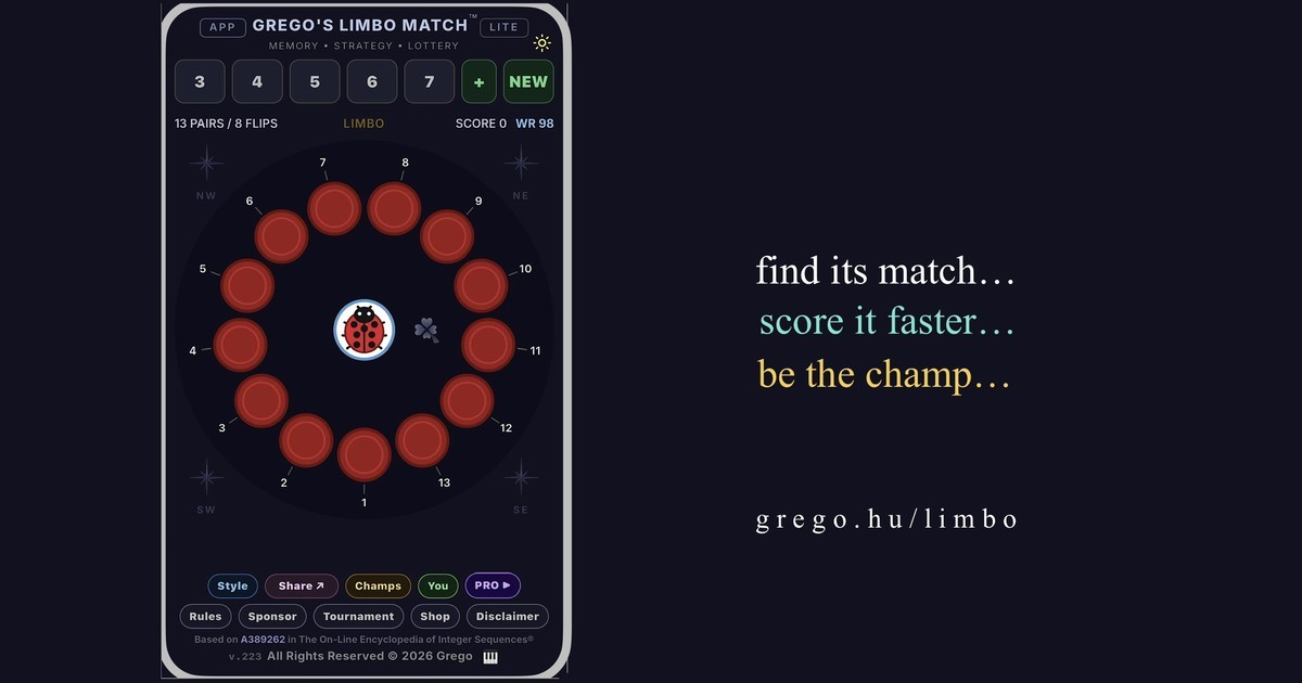 Grego's Limbo Match: red chips arranged around a dial with a ladybird at
 the centre, and the words find its match, score it faster, be the champ.